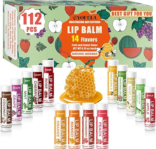 Yopela - 112 Pack Bálsamo Labial Natural a Granel Hidratante com Vitamina E e Óleo de Coco – Hidratação, Nutrição e Reparação para Lábios Secos e Rachados – 14 Sabores – Não-OGM