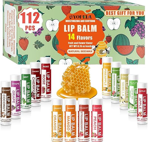 Yopela - 112 Pack Bálsamo Labial Natural a Granel Hidratante com Vitamina E e Óleo de Coco – Hidratação, Nutrição e Reparação para Lábios Secos e Rachados – 14 Sabores – Não-OGM