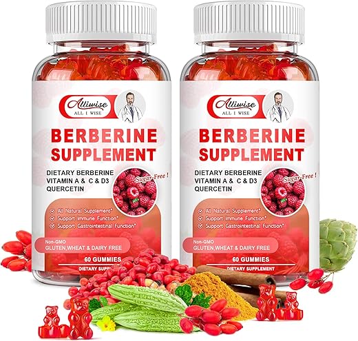 Alliwise - Gomas de Berberina sem Açúcar, 1500mg de Berberina HCL Original com Canela do Ceilão, Quercetina, Multivitamina, Suporte Imunológico