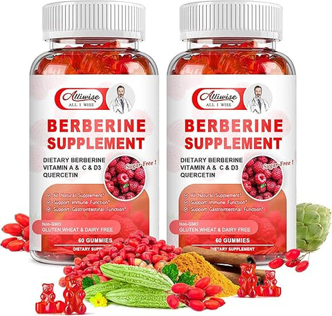Alliwise - Gomas de Berberina sem Açúcar, 1500mg de Berberina HCL Original com Canela do Ceilão, Quercetina, Multivitamina, Suporte Imunológico