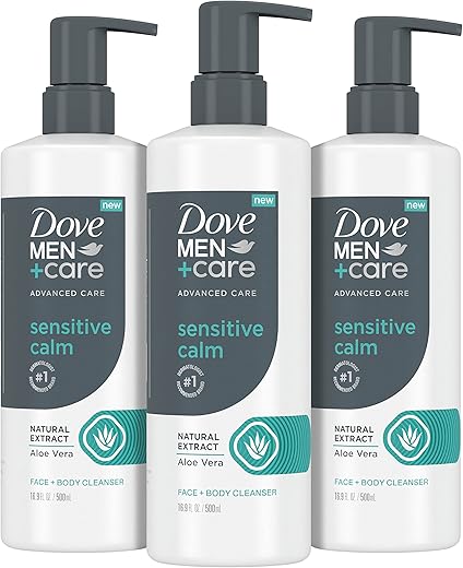 DOVE MEN + CARE - DOVE MEN CARE – Sabonete Líquido Facial e Corporal Avançado Sensitive Calm 3 Unidades para Pele Sensível – Gel de Banho com Extrato Natural de Aloe Vera 500ml