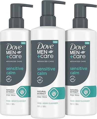 DOVE MEN + CARE - DOVE MEN CARE – Sabonete Líquido Facial e Corporal Avançado Sensitive Calm 3 Unidades para Pele Sensível – Gel de Banho com Extrato Natural de Aloe Vera 500ml