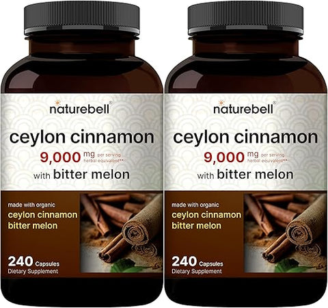 2 Pack Canela Ceylon 9000mg Por Porção, 480 Cápsulas | Feito com Canela Ceylon Orgânica do Sri Lanka e Melão Amargo Orgânico – Não-OGM, Sem Glúten - NatureBell