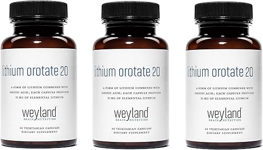Weyland Brain Nutrition - Lithium Orotate 20mg (3 Frascos), 180 Cápsulas Vegetarianas, Suporte de Humor, Comportamento, Memória e Bem-Estar