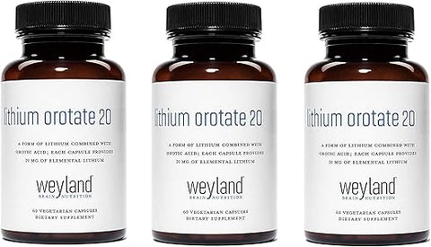 Weyland Brain Nutrition - Lithium Orotate 20mg (3 Frascos), 180 Cápsulas Vegetarianas, Suporte de Humor, Comportamento, Memória e Bem-Estar