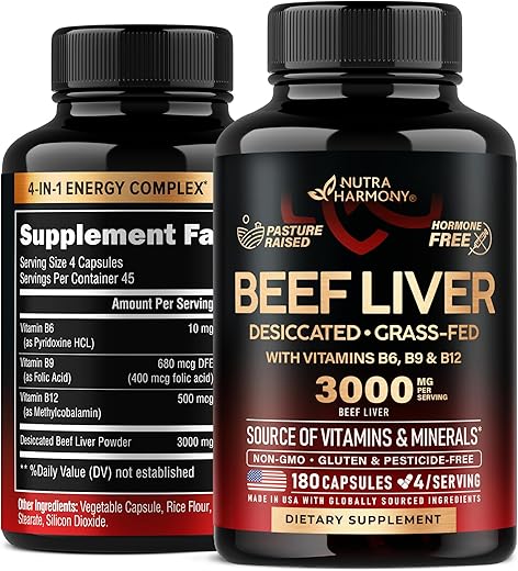 NUTRAHARMONY - Cápsulas de Fígado Bovino 3000 mg – Fígado Bovino Desidratado Orgânico – Criado a Pasto, Livre de Pesticidas
