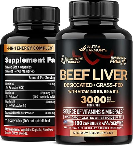 NUTRAHARMONY - Cápsulas de Fígado Bovino 3000 mg – Fígado Bovino Desidratado Orgânico – Criado a Pasto, Livre de Pesticidas