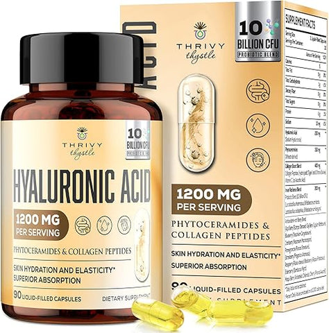 ThrivyThystle - Cápsulas de Ácido Hialurônico – Hylunaric Acid 1200 mg, com Peptídeos de Colágeno, Vitamina C, Fitoceramidas – Suplemento de Ácido Hialurônico para Pele, Olhos, Ossos, Gastrointestinal (1 Pacote)