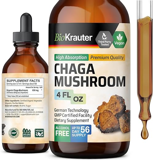 BIO KRAUTER - Extrato de Cogumelo Chaga – Tintura de Chaga para Suporte Imunológico – Vegano, Sem Álcool – Marca Chaga Extract