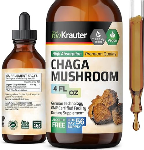 BIO KRAUTER - Extrato de Cogumelo Chaga – Tintura de Chaga para Suporte Imunológico – Vegano, Sem Álcool – Marca Chaga Extract