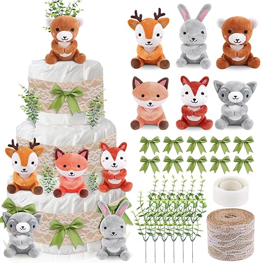 YLOLUL - Kit de Bolo de Fraldas com 23 Peças – Animais da Floresta – Decorações para Chá de Bebê – Mini Animais de Pelúcia – Bolo de Fraldas de Animais da Selva para Chá de Bebê e Festa de Aniversário – Suprimentos de Mesa