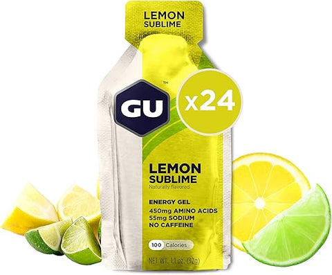 GU ENERGY GEL - GU Energy Gel Original – Energia Vegana, Sem Glúten, Kosher e Sem Laticínios para Qualquer Treino – 24 Unidades, Sabor Limão Sublime