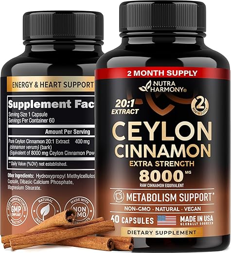 NUTRAHARMONY - Cápsulas de Canela do Ceilão – 8000 mg, Extra Forte – Fabricado nos EUA – Energia, Coração
