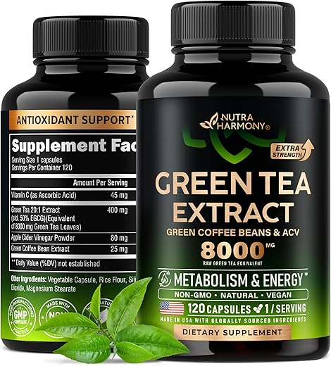 NUTRAHARMONY - Extrato de Chá Verde em Cápsulas 8000 mg – com Grãos de Café Verde | Marca: Green Tea Extract Capsules