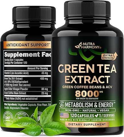 NUTRAHARMONY - Extrato de Chá Verde em Cápsulas 8000 mg – com Grãos de Café Verde | Marca: Green Tea Extract Capsules