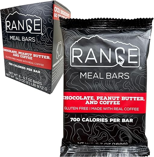 Range Meal Bar - Barra de Refeição Range – Barras Substitutas de Refeição de Alta Caloria – Barras Sem Glúten – Refeições para Mochileiros – 6 Unidades (Chocolate, Manteiga de Amendoim e Café)