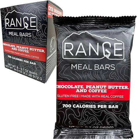 Range Meal Bar - Barra de Refeição Range – Barras Substitutas de Refeição de Alta Caloria – Barras Sem Glúten – Refeições para Mochileiros – 6 Unidades (Chocolate, Manteiga de Amendoim e Café)