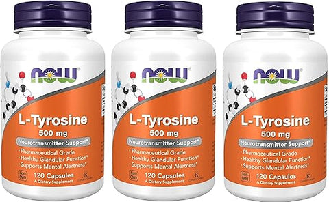 L-Tyrosine 500 mg 120 caps (Pack of 3) – Aumente sua energia e foco com L-Tyrosine 500 mg – Embalagem com 3 unidades - NOW Foods