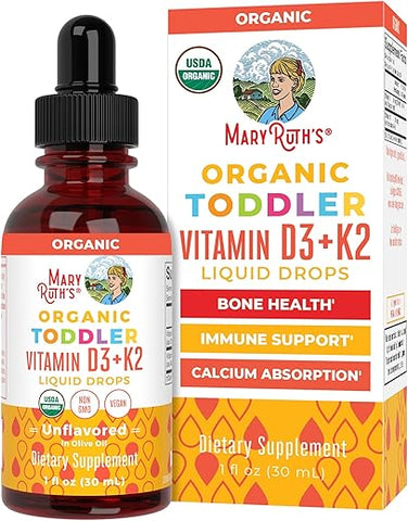 MaryRuth Organics - Vitaminas D3 e K2 Líquidas para Crianças | Fortalecimento Ósseo | Vegano | Sem Glúten