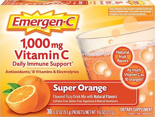 1000mg Pó de Vitamina C para Suporte Imunológico Diário – Sem Cafeína, com Zinco e Manganês, Vitaminas B e Eletrólitos, Sabor Super Laranja – 30 Unidades - Emergen-C
