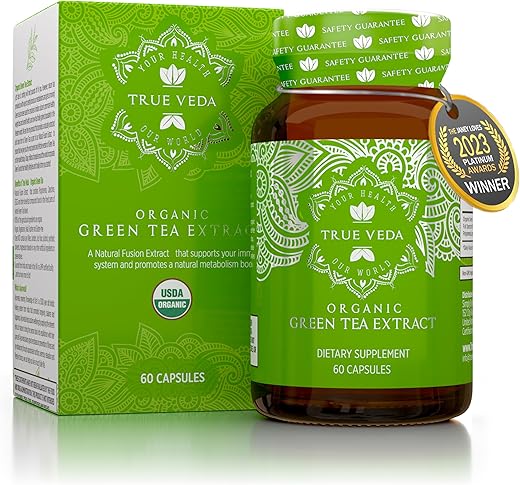 True Veda - Extrato de Chá Verde Orgânico em Cápsulas – Certificado Orgânico USDA | 60 Cápsulas de Chá Verde | Comprimidos de Chá Verde | Extrato de Chá Verde EGCG | Suplementos de EGCG com 50% de Polifenóis