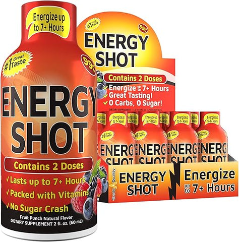 Grade A Quality - Vitamin Energy Shots Sabor Frutas Vermelhas, Até 7 Horas de Energia, 57 ml, 48 Unidades