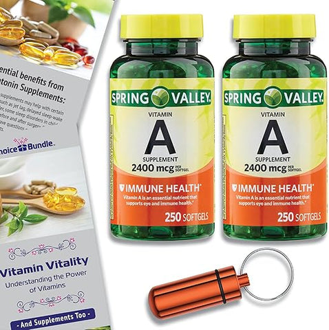 ChoiceBundle - Spring Valley Softgels de Vitamina A, 2400 mcg 2Pk Bundle Escolha (500 Total) Guia de Vitalidade de Vitaminas e Recipiente para Comprimidos (4 Itens)