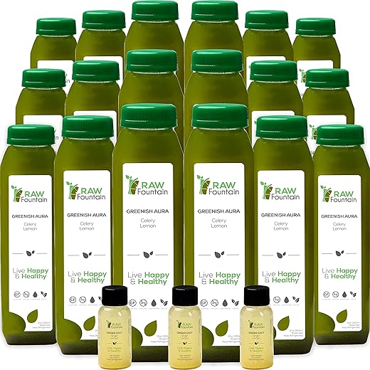 Suco de Aipo Detox Raw Fountain 100% Natural – 18 Garrafas 355ml + 3 Shots de Gengibre Grátis