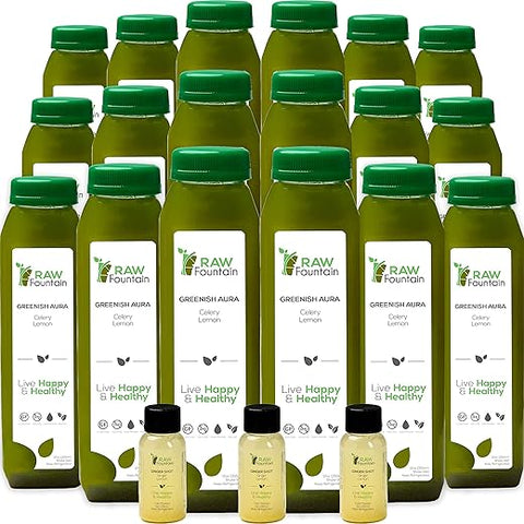 Suco de Aipo Detox Raw Fountain 100% Natural – 18 Garrafas 355ml + 3 Shots de Gengibre Grátis