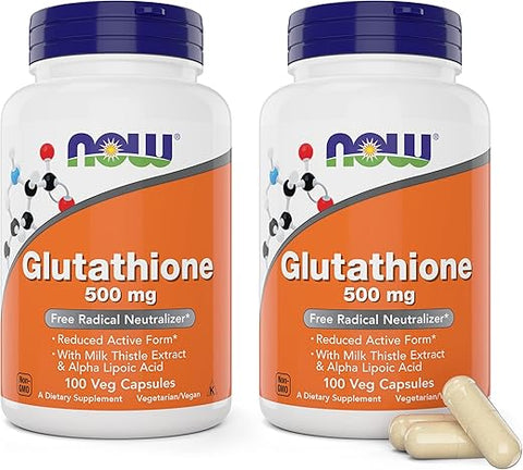 NOW Foods - Now Glutathione 500 mg, 100 Cápsulas Veganas (Pacote com 2) – Suplemento GSH na Forma Reduzida – Potencializado com Extrato de Cardo Mariano e Ácido Alfa Lipóico