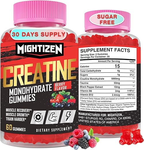 Mightizen - 5000mg de Creatina para Mulheres, Complexo de Gomas de Creatina Monohidratada, Gomas Pré-Treino de Creatina com Taurina
