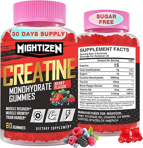 Mightizen - 5000mg de Creatina para Mulheres, Complexo de Gomas de Creatina Monohidratada, Gomas Pré-Treino de Creatina com Taurina