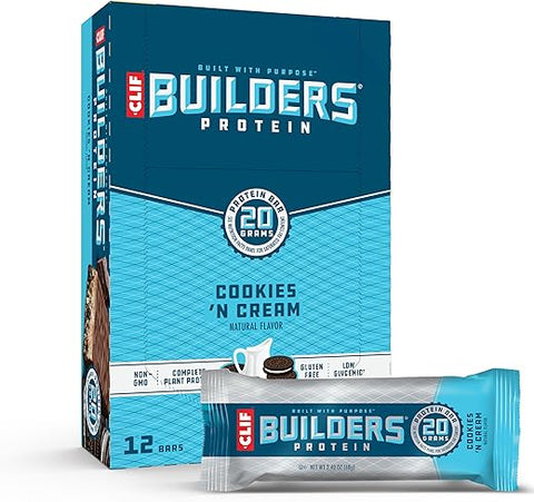 CLIF BUILDER'S - CLIF Builders – Barra de Proteína à Base de Plantas Sabor Cookies ‘n Cream – Sem Glúten – Não-OGM – Baixo Índice Glicêmico – 20g de Proteína – 68g (12 Unidades)