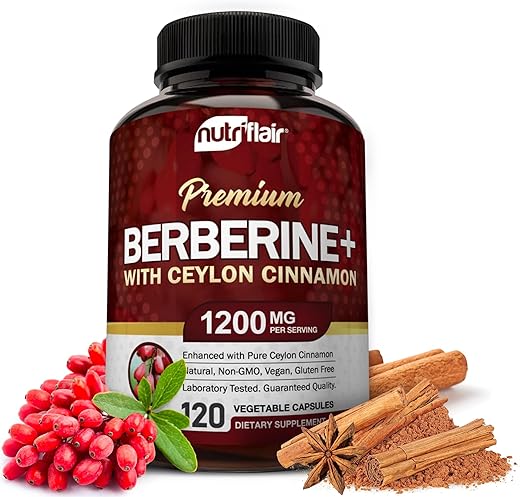 Premium Berberine HCL 1200mg + Canela Ceylon Pura – 120 Cápsulas | Sistema imunológico, gerenciamento de peso saudável - NutriFlair