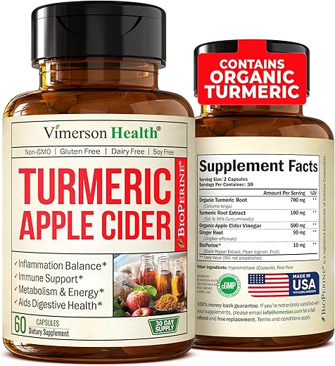 Vimerson Health - Cápsulas de Vinagre de Maçã Orgânico com Cúrcuma e Gengibre para Saúde das Articulações e Metabolismo – Marca: [nome da marca]