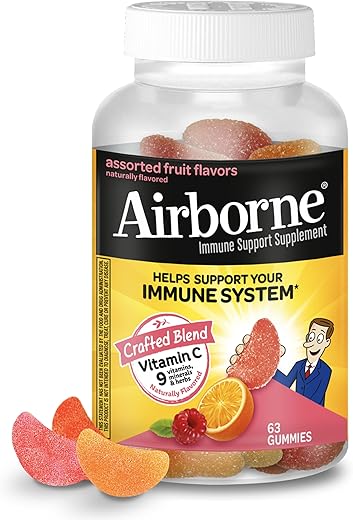 Gomas de Frutas Sortidas 750mg de Vitamina C (por porção) – 63 unidades, Suplemento Imunológico Livre de Glúten com Vitaminas C E, Selênio - Airborne