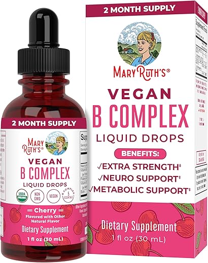 Complexo de Vitamina B | Vitaminas do Complexo B | Biotina | Vitamina B12 | Niacina | Folato | Suplemento de Suporte Metabólico | Vegano | Orgânico USDA | Não-OGM | Livre de Glúten | 60ml - MaryRuth Organics