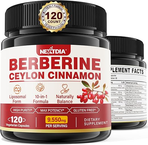 Nextdia - Berberine Orgânico 1500mg com Canela Ceylon, Melão Amargo, Complexo de Berberina HCL Lipossomal com Folha de Banana – Suporte Imunológico