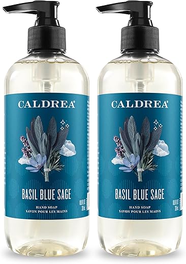 Sabonete Líquido Caldrea, Gel de Aloe Vera, Óleo de Oliva e Óleos Essenciais para Limpar e Condicionar, Manjericão e Sálvia Azul, 320 ml, Pacote com 2