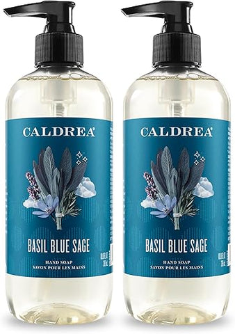 Sabonete Líquido Caldrea, Gel de Aloe Vera, Óleo de Oliva e Óleos Essenciais para Limpar e Condicionar, Manjericão e Sálvia Azul, 320 ml, Pacote com 2