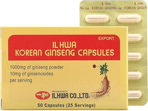 Cápsula de Ginseng Coreano (500 mg*50 Cápsulas, 25 Porções) – 250mg de Pó de Raiz de Panax Coreano Puro 100%%. Ginsenosídeo 10 mg por Porção - ILHWA