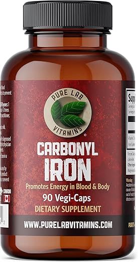 Suplemento de Ferro Carbonyl, 90 Cápsulas Vegetais | Fórmula Única de Ferro Metálico com Ácido Ascórbico, Alta Bioacessibilidade | Não Causa Constipação | Suporte para a Saúde Sanguínea - Pure Lab Vitamins