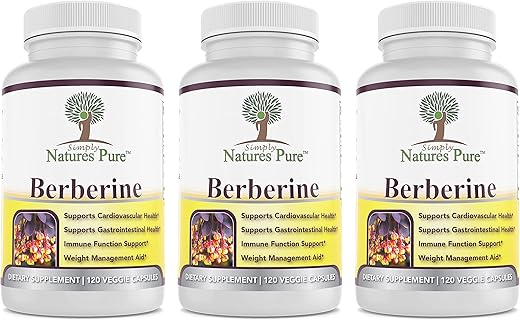 Simply Natures Pure - Berberina HCl 500mg Pura da Simply Natures – 120 Cápsulas – Suporte Cardiovascular Gastrointestinal Imunológico – Cromo Canela (Pacote com 3)