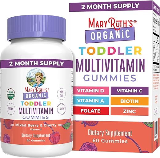 Gummy Vitamina | Crianças e Bebês de 2 anos | USDA | Vitamina C Diária | D3 | Zinco | Frutas Vermelhas e Cereja | Suprimento de 2 Meses - MaryRuth Organics