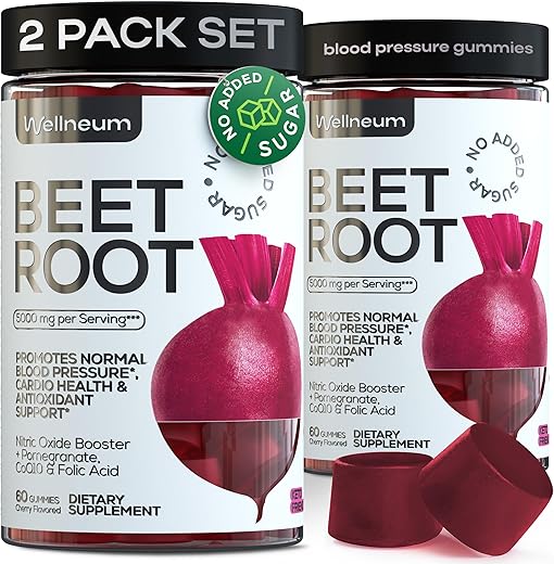 Wellneum - Beets for High Blood Pressure 5000 Mg – Gomas de Beterraba com Pó de Suco de Romã – Mastigáveis de Beterraba para Saúde Cardiovascular e Energia – Gomas de Suplemento de Óxido Nítrico para Homens e