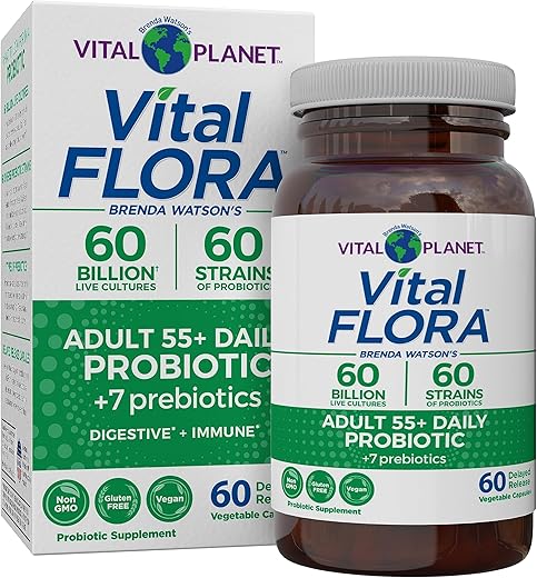 Probiótico Diário Vital Flora para Adultos Acima de 55 Anos, 60 Bilhões de UFC, Diversas Cepas, Prebióticos Orgânicos, Suporte Imunológico, Alívio de Gases, Saúde Digestiva para Mulheres - Vital Planet