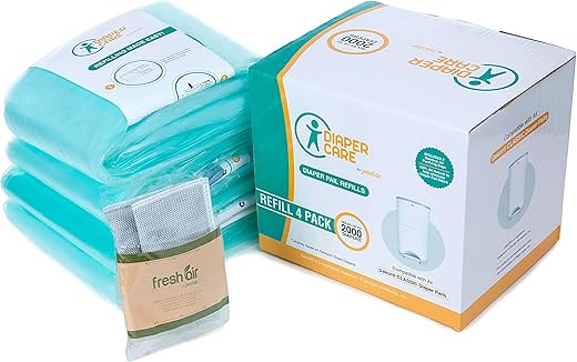 jasclair - 4 Pacote de Forros de Reposição para Fraldas – Compatíveis com o Balde Dekor CLASSIC Tamanho Regular – Forros Descartáveis para Balde de Fraldas Suportam até 2000 Fraldas – Refis Perfumados para Bebês com Carvão Ativado