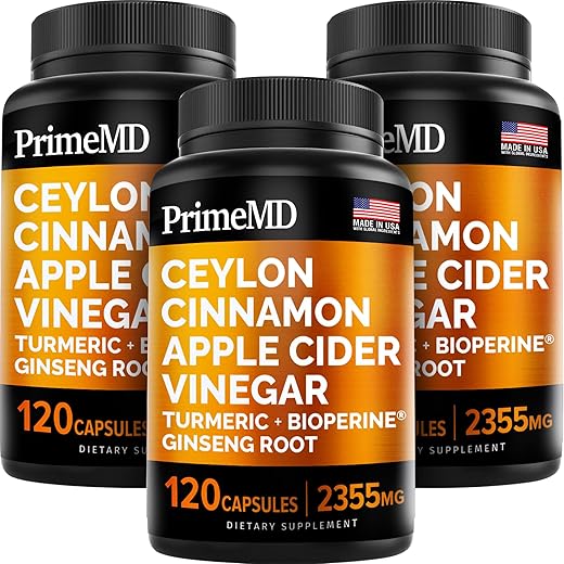 PrimeMD - Cápsulas de Canela do Ceilão 5 em 1 2355mg – Canela do Ceilão e Cápsulas de Vinagre de Maçã – Cápsulas de Cúrcuma e Ginseng Panax – Suplementos de Canela com Bioperina