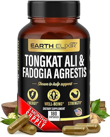 Earth Elixir - Fadogia Agrestis 600mg e Tongkat Ali 500mg – Suplementos (180 Cápsulas) – Fabricado nos EUA – Fornecimento de 3 Meses – Testado por Terceiros – Long Jack – Suplementos Tongkat Ali Fadogia Agrestis