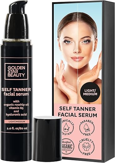 GOLDEN STAR BEAUTY - Bronzeador Facial – Sérum Autobronzeador com Ácido Hialurônico e Óleos Orgânicos, Melhores Vendedores de Autobronzeadores, Autobronzeador Facial para um Brilho Natural de Beijo de Sol, Hidratante Autobronzeador, 60 ml (Leve…)